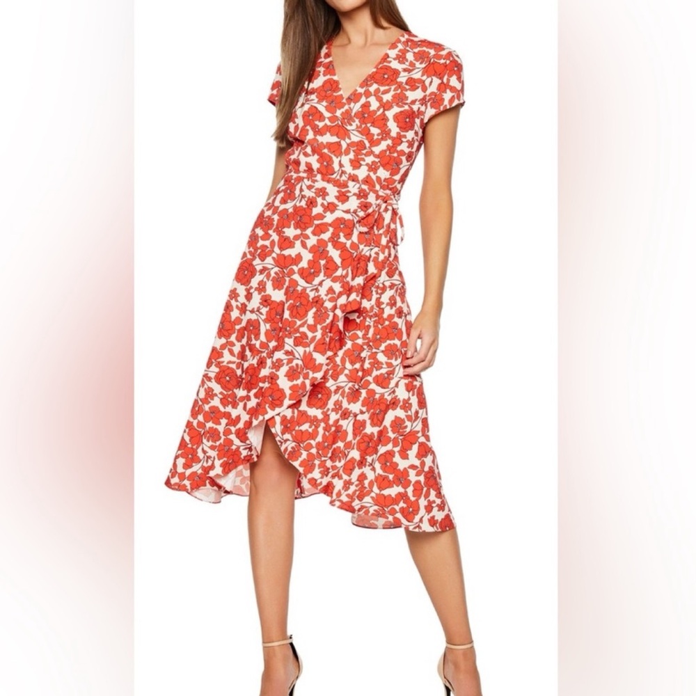 Bardot Fiesta Floral Faux Wrap Midi Dress Red White Size 6/Small